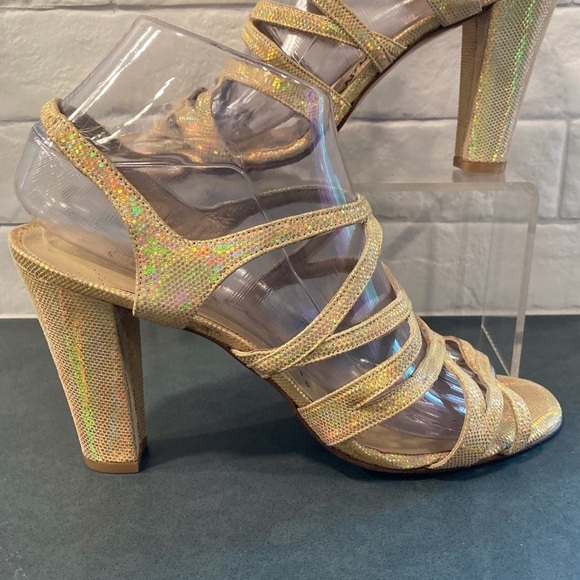 NWT sz 8.5 David Aaron gold metallic iridescent strappy heeled sandals - Picture 2 of 16